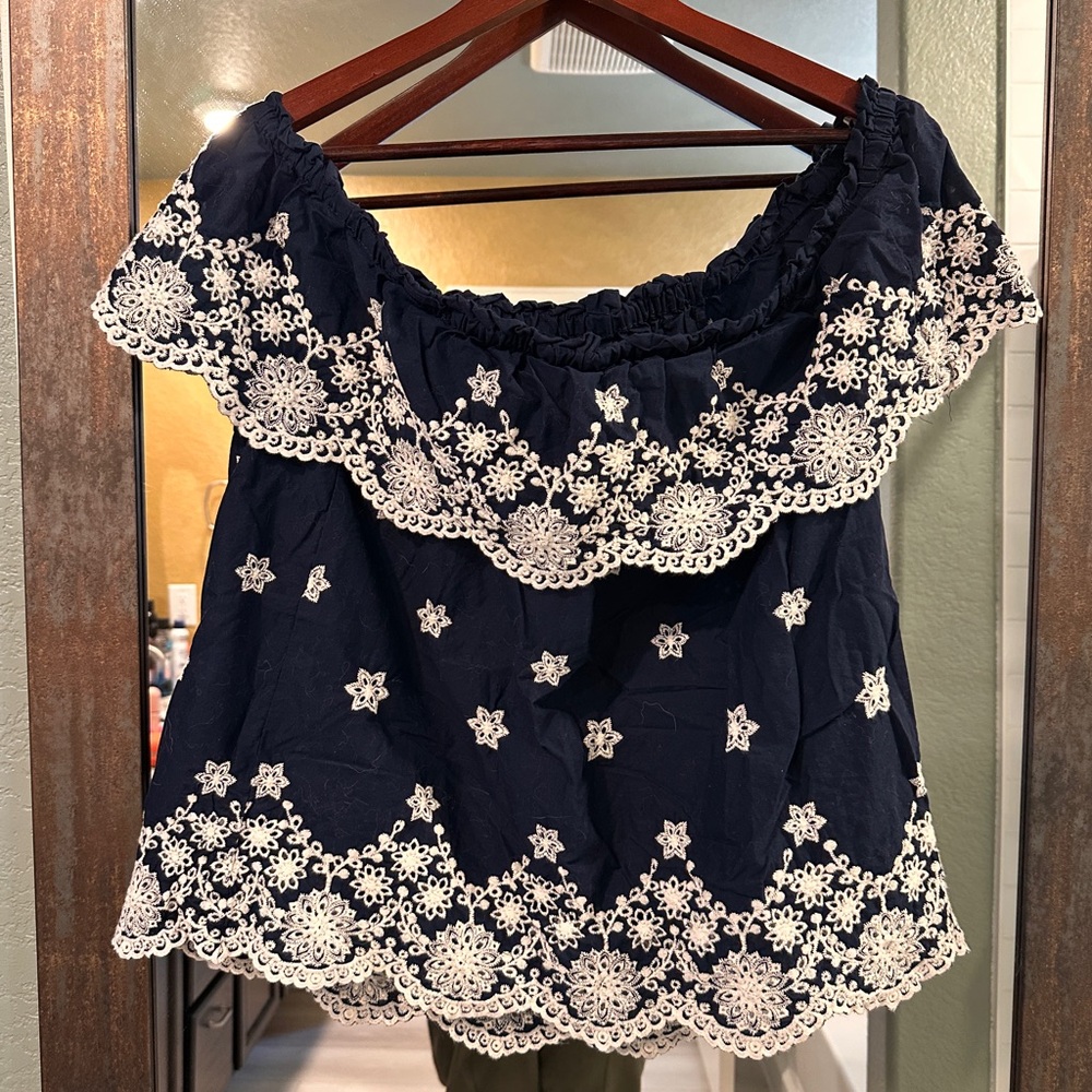 Maurices Navy Blouse with Cream Floral Details